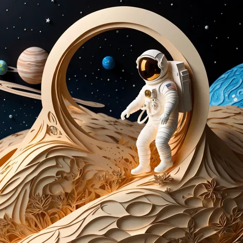 there is a paper sculpture of an astronaut standing on a planet