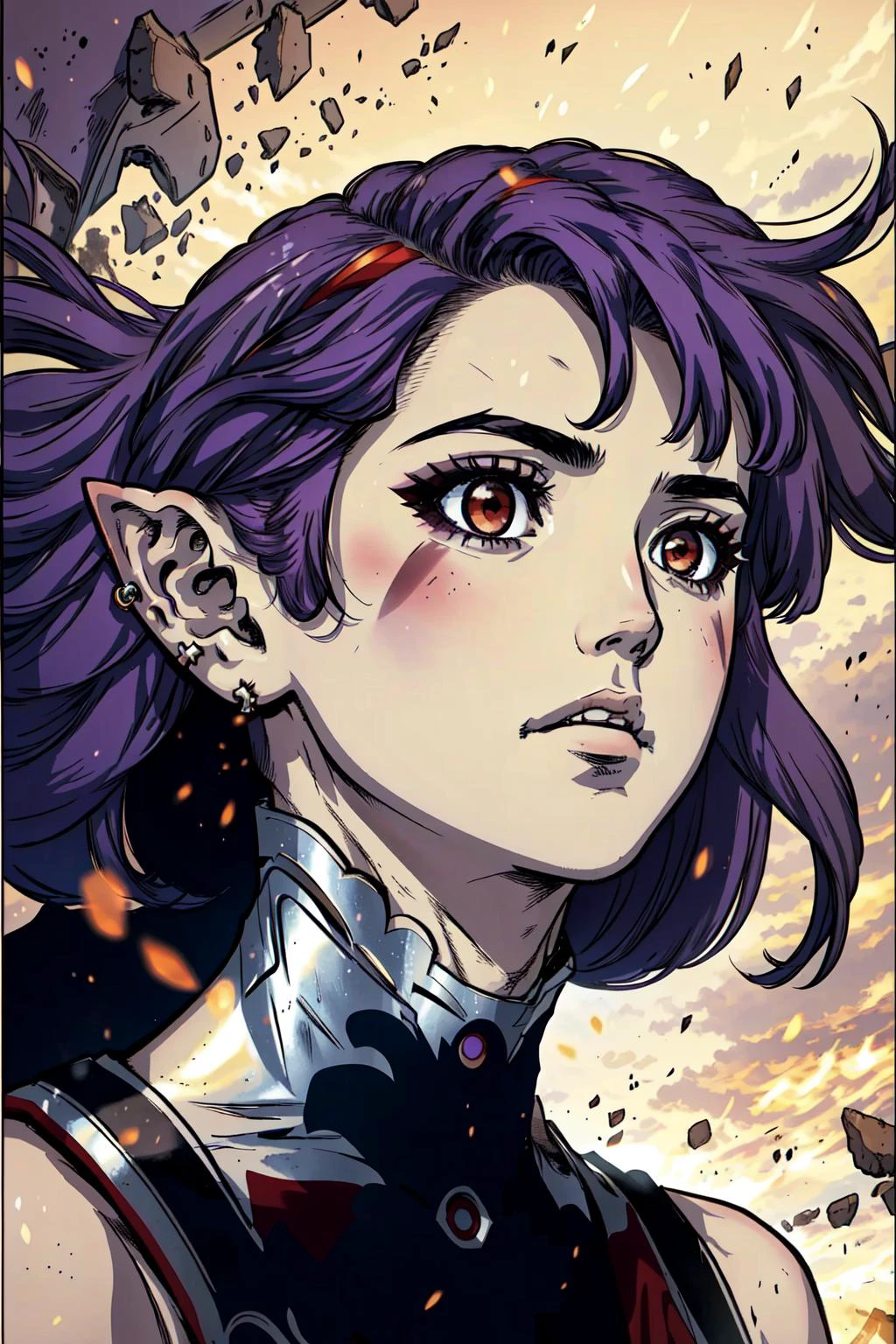 best quality, intricate details,
1girl,  esil radiru, purple hair, very long hair, red eyes, floating hair, straight hair, pointy ears, earrings, facial mark, single braid,  bare shoulders
 boichi manga style,