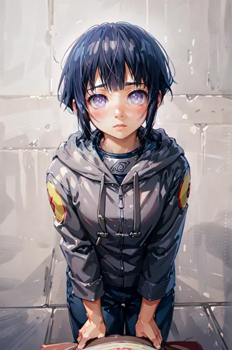 solo, shy, blush, looking down, pov, facing viewer,  <lora:hinata_hyuuga:0.75> hinata_hyuuga, white eyes, no pupils, short hair,...