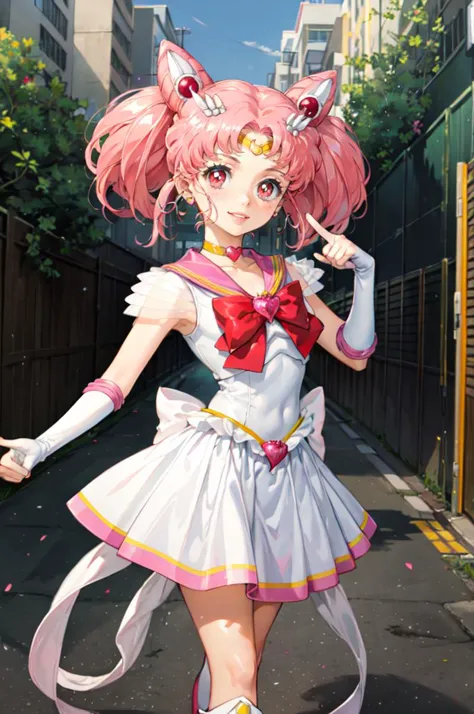 solo, outdoors, smile, pose, hand up, pointing at viewer,   <lora:Chibiusa:0.9> 1girl, pink hair, twintails, cone hair bun, double bun, red eyes, earrings, hair ornament, tiara, red bow, heart brooch, back bow, bow, brooch, choker, elbow gloves, heart choker, magical girl, multicolored clothes, multicolored pleated skirt, pink sailor collar, sailor senshi uniform, yellow choker, knee boots,   <lora:ishikeiV71:0.7>, absurdres, ultra detailed, masterpiece, best quality, aesthetic, detailed,