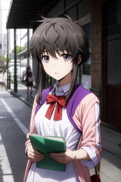 anime girl in a school uniform holding a book on a city street