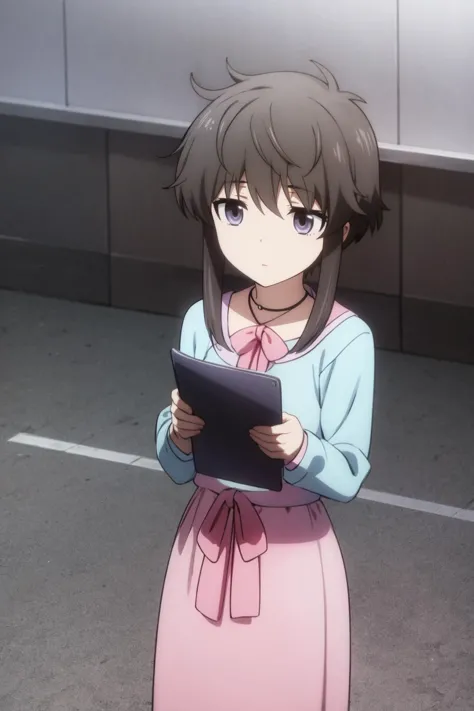 anime girl in pink dress holding a tablet computer in a parking lot