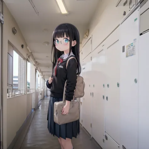 anime girl in school uniform standing in hallway with handbag