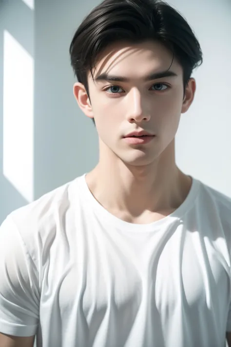 a handsome muscular young man, pale white skin, white t-shirt, extreme close-up,
Brightly Lit,Highly Visible,realistic dark colo...