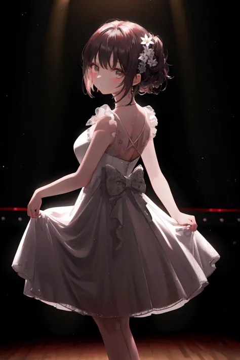 masterpiece, best quality, highres, 1girl white dress, dress lift, looking at viewer, spotlight, backlighting, stage <lora:spotl...