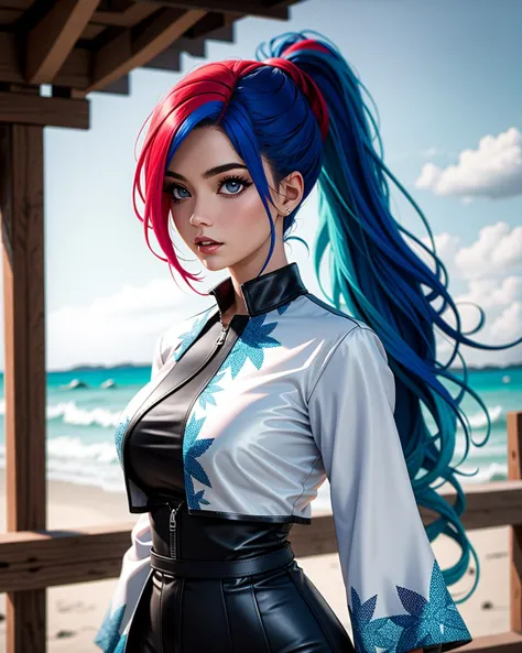 a close up of a woman with blue hair and a red and blue wig