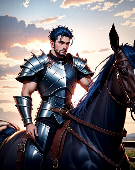 ((masterpiece), best quality, high quality, professional quality, highly detailed, highres, perfect lighting, natural lighting), (1boy, muscular, handsome, facial hair, short hair, blue hair), wearing armor, riding a horse, outdoors