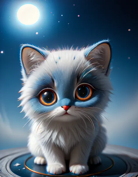 there is a cat that is sitting on a plate with a moon in the background