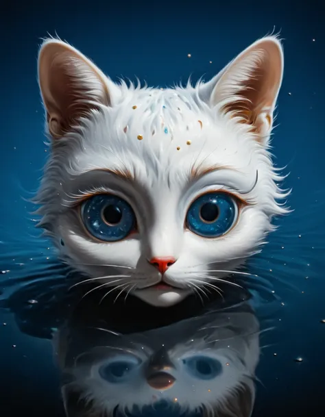 painting of a white cat with blue eyes and a reflection in water