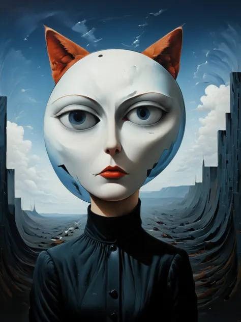 a close up of a person wearing a cat mask with a city in the background