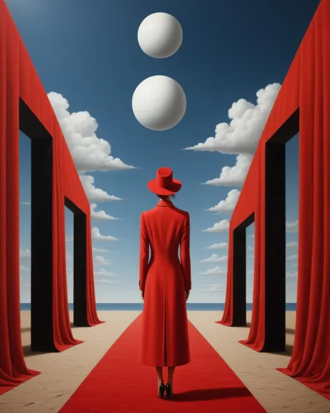 Surrealist art in the style of rafal olbinski,rafal olbinski style,rafal olbinski art,rafal olbinskia red coat on a red carpet, inspired by Rafal Olbinski, surreal illustration, surreal scene, alex andreev, surreal atmosphere, dreamlike surrealism, in style of rene magritte, neosurrealism digital art, surreal art, emotional surrealist art, surrealism background, epic mysterious surrealism, by Krzysztof Boguszewski . Dreamlike, mysterious, provocative, symbolic, intricate, detailed