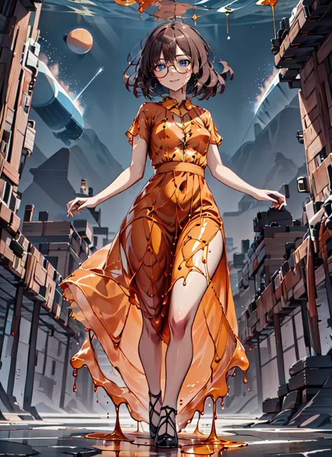 a woman in a dress walking down a street with a star above her head