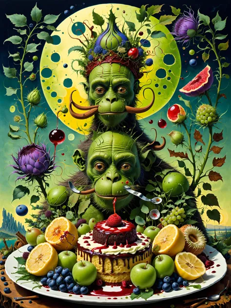 peepicland, ultra detailed illustration artwork by (max ernst:1.2) and (jean-louis prevost:1.1), famous artwork, scissors sizzle, thistles sizzle. and as he gobbled the cakes on his plate, the greedy ape said as he ate: the greener green grapes are, the keener keen apes are to gobble green grape cakes. theyre great! and a synonym for cinnamon is a cinnamon synonym. and red lorry, yellow lorry. and a tutor who tooted the flute tried to teach two young tooters to toot. said the two to the tutor, is it harder to toot, or to tutor two tooters to toot?, extremely beautiful, photorealistic, awesomize, primordial, fantastic, 8k