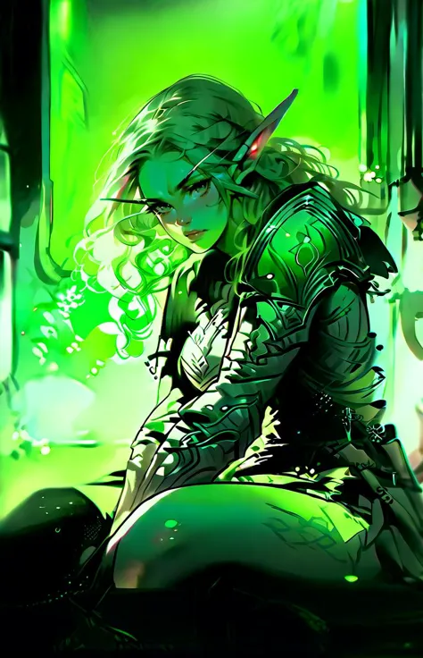 score_9,score_8_up,score_7_up,score_6_up,score_5_up,score_4_up,1girl,solo,long hair,breasts,sitting,monochrome,pointy ears,armor,colored skin,elf,shoulder armor,green theme,<lora:ToraFurry_XL_PonyV6_p1-t1:0.8>,<lora:xl_kelala_pony_ceshi(pony):1>,<lora:Saffy-Vibe-WitchyFantasyCottagecoreAnimeDeath:0.3>,rimlight,neon,gradient,<lora:Saffy-Style-NeonFantasy-000017:0.8>,