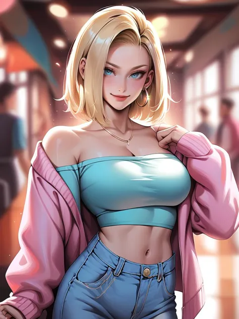 <lora:xl_kelala_pony_ceshi(pony)-000005:1>,Korean style, breasts, blonde hair, 1girl, jewelry, earrings, navel, pants, cleavage, blue eyes, necklace, denim, midriff, large breasts, jeans, looking at viewer, smile, solo focus, blurry background, blurry, open clothes, short hair, collarbone, long sleeves, jacket, pink jacket, crop top, shirt, closed mouth, hand up, hoop earrings, strapless, medium hair, lips, cardigan, cowboy shot, open jacket, score_9, score_8_up,