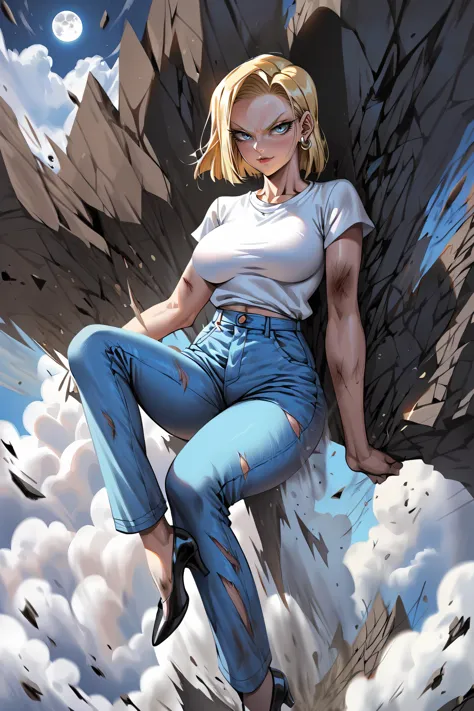 score_9, score_8_up, feral pony, show accurate,
<lora:xl_kelala_pony_ceshi(pony):1>, Korean style,
woman as android 18 sitting on the cloud, blonde hair, short hair, looking at viewer,
(protruding upper circumference:2), large breasts:2, sagging breasts, very long eyelashes, closed mouth,
blue eyes, fierce eyes, upturned eyes, v-shaped eyebrows, serious, angry, earrings, black high heels, dirty face, dirty skin,
tight, blue top, shirt, open denim_jacket, denim_skirt, gauze, ((wounded, body wounds)),
outdoors, cinematic angle, cinematic lighting, cloud, moon, night sky, shooting star,
flying rubble, broken, splashing gravel, terrifying power, destruction,flying rubble, outdoors, broken, splashing gravel, terrifying power, destruction, motion lines, speed lines,