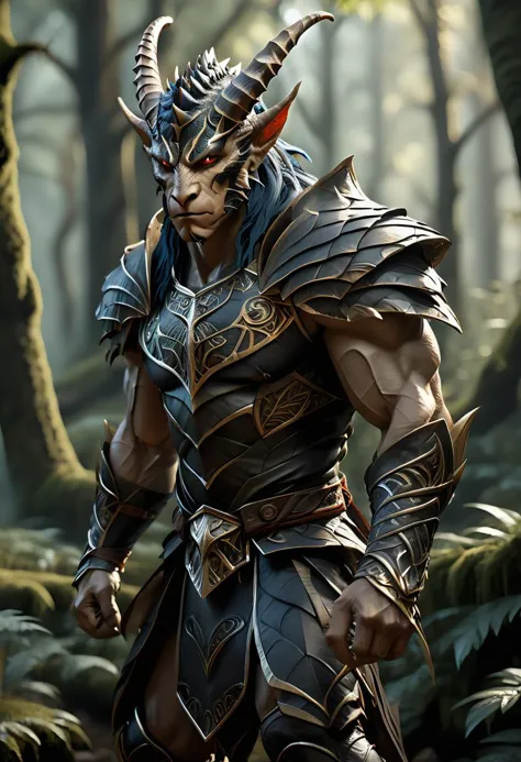 A stunning image of a dragonkin|human hybrid warrior emerges from the shadows of an ancient elven forest, Adorned with fierce ho...