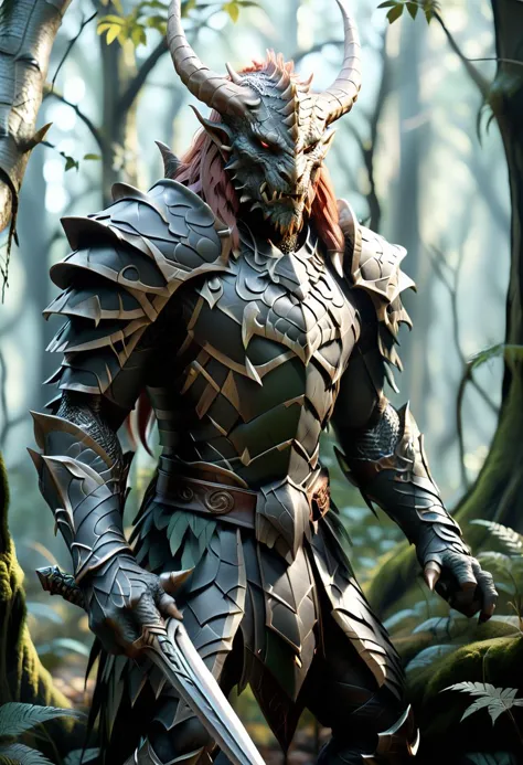 A stunning image of a dragonkin|human hybrid warrior emerges from the shadows of an ancient elven forest, Adorned with fierce horns, he exude power and strength. dim lighting casts eerie shadows across his form, adding to their enigmatic presence. This visual masterpiece is created using Octane Render for ultra-realistic detail and sharp focus. Every element of the scene - from the intricate foliage to the warrior's musculature - is rendered with painstaking accuracy, transporting viewers into a world of high fantasy and adventure. embedding:SimplePositiveXLv2,  <lora:RPGDragonkinXL:0.5> <lora:Randommaxx_dark_offset_v1.1_lora_fp16:0.6> <lora:SDS_Contrast tool_XL:1>