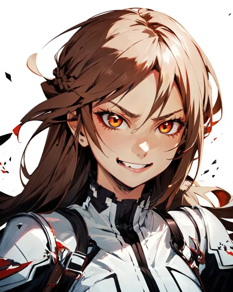 (masterpiece, best quality, high quality, highres), <lora:AnimeRage:0.6>, <lora:asuna2:0.8> ,rage, white,1girl, evil eyes, knight, brown hair, brown eyes, smile, closed mouth,