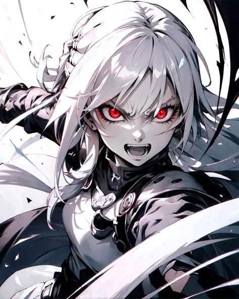 anime girl with red eyes and white hair holding a sword