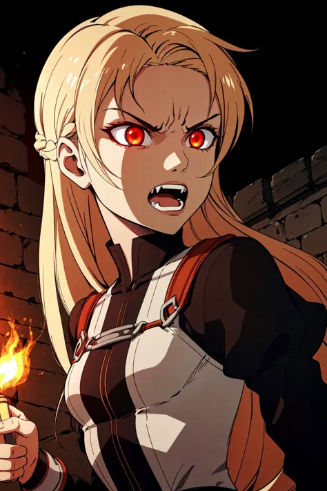 (Meisterwerk, beste Qualität, gute Qualität, highres), rage,1 Mädchen, Böse Augen, Ritter, blondes Haar, braun leuchtende Augen, Oberkörper,  kleine Brüste, Schloss, torch