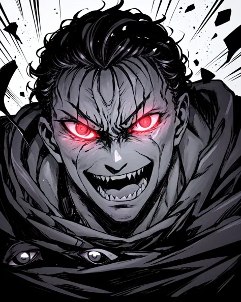 a close up of a person with red eyes and a cape