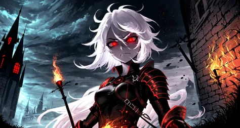 anime girl with white hair and red eyes holding a sword