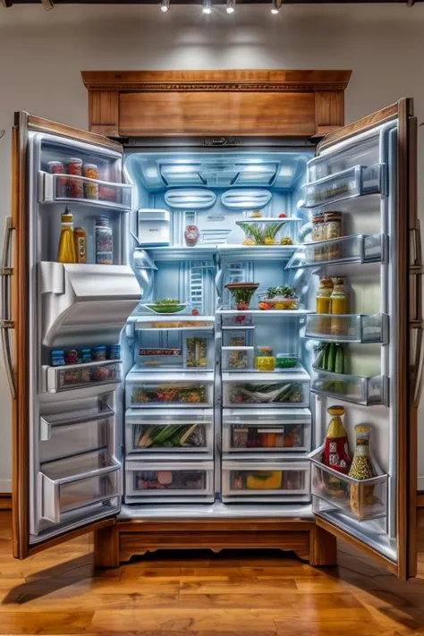 a close up of a refrigerator with its door open and food inside