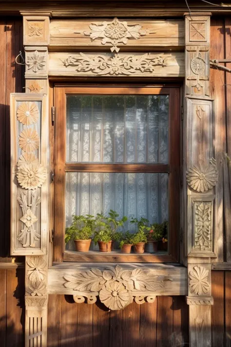 there is a window with a wooden frame and a potted plant