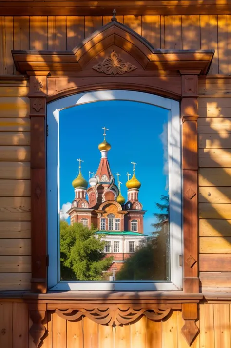 reflection of a church in a window of a wooden building