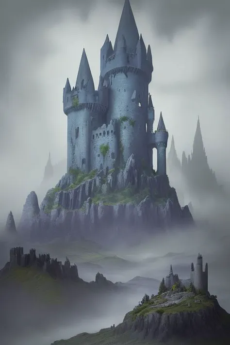 a close up of a castle on a mountain with fog