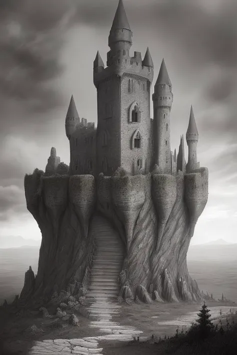 a black and white photo of a castle on a cliff