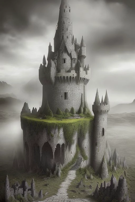 GROWS A STONE CASTLE TOWER in the style of surrealism, extreme detail, fine textures, deep shadows, sharp lines, strong contrast. .rainbow sunset. .fog geothermal landscape, depth. Overgrown WITH PLANTS, GLOOMY, expressive CLEAR IMAGE, over-detailed, award-winning, (complex details, masterpiece, best quality: 1.4)