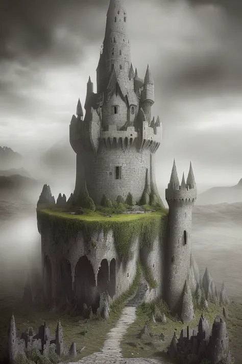 GROWS A STONE CASTLE TOWER in the style of surrealism, extreme detail, fine textures, deep shadows, sharp lines, strong contrast...