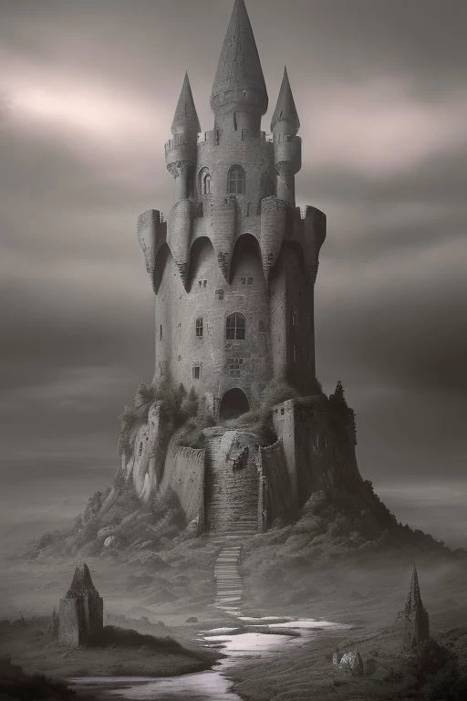 GROWS A STONE CASTLE TOWER in the style of surrealism, extreme detail, fine textures, deep shadows, sharp lines, strong contrast. .rainbow sunset. .fog geothermal landscape, depth. Overgrown WITH PLANTS, GLOOMY, expressive CLEAR IMAGE, over-detailed, award-winning, (complex details, masterpiece, best quality: 1.4)