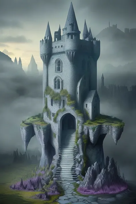 GROWS A STONE CASTLE TOWER in the style of surrealism, extreme detail, fine textures, deep shadows, sharp lines, strong contrast...