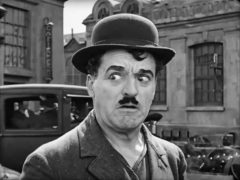 A Black and White Movie Still, A Man wearing a hat, moustache, raised eyebrow, city