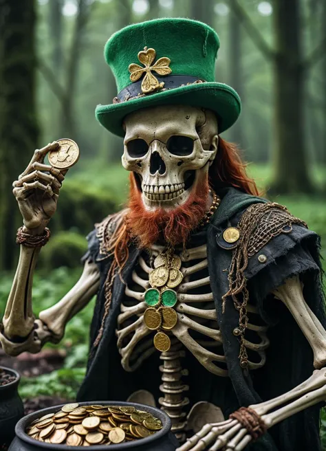 a highly detailed analog photo of a (skeleton) in a green hat with red hair beard, solo, cauldron with a large number of gold coins, (shamrock:0.7), dynamic pose, extremely high quality RAW photograph, highly detailed textures, ultra detailed photograph, <lora:add-detail-xl:0.5>, ral-cltc, <lora:ral-cltc:0.3>,<lora:RPGSkeletonXL:0.4>