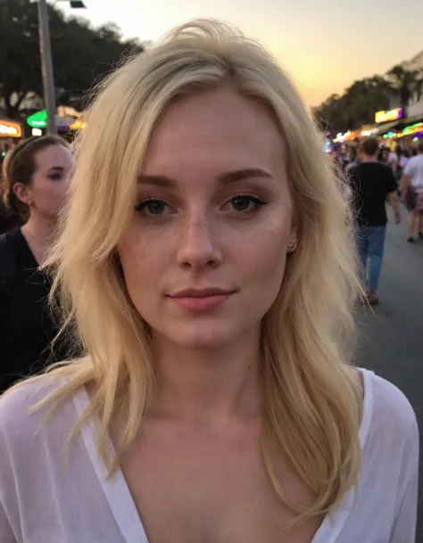 amateur cellphone photography  cute woman with blonde hair at mardi gras, sunset,  (freckles:0.2) . f8.0, samsung galaxy, noise,...