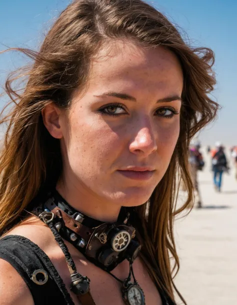 cute woman Jennifer with brown hair at burning man fire, daylight, harsh shadow, dusty wind,  steampunk cosplay, (freckles:0.2)