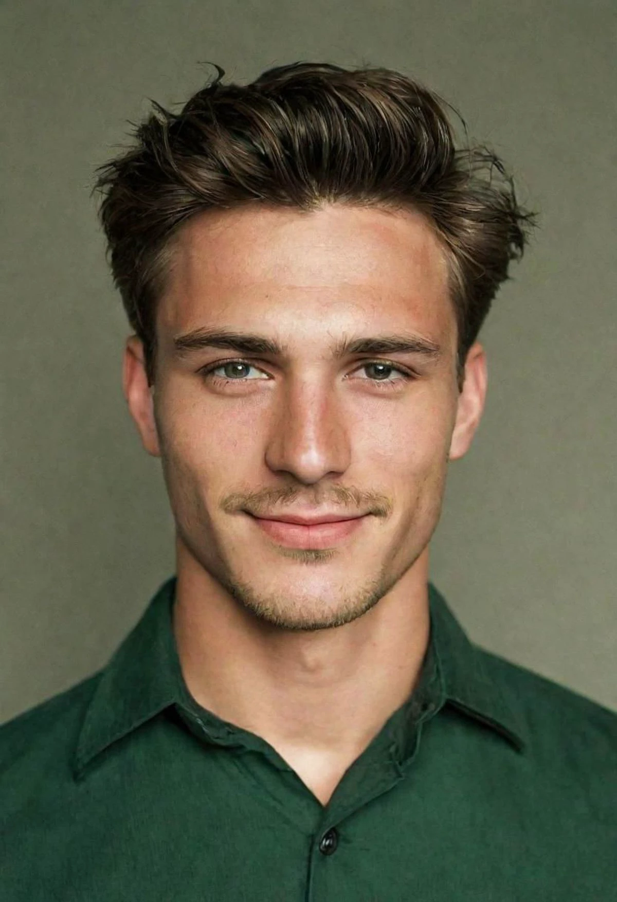 Create a detailed, ultra-realistic photo portrait of a smiling 25-year-old German man (dark green shirt, high-waisted dress), 24mm, (analog, film, Film Grain: 1.3), (prison: 1.1), detailed eyes (pose seductive), (epic photo), upper body (looking at viewer), (perfect lips), stubble.