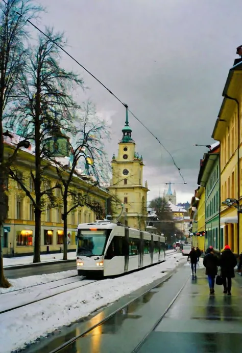 Berner Innenstadt im Winter, schneebedeckt, wolkig, Menschen, moderne Straßenbahn, Roher Stil