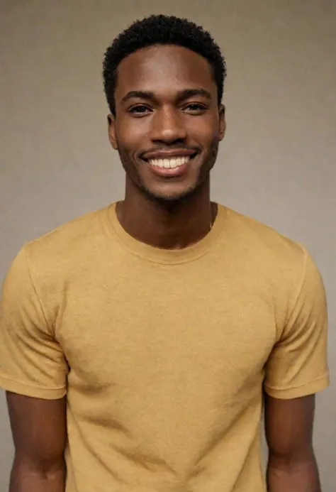 a man in a yellow shirt smiles at the camera