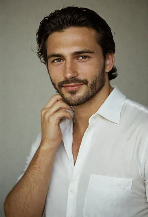 a close up of a man with a beard and a white shirt