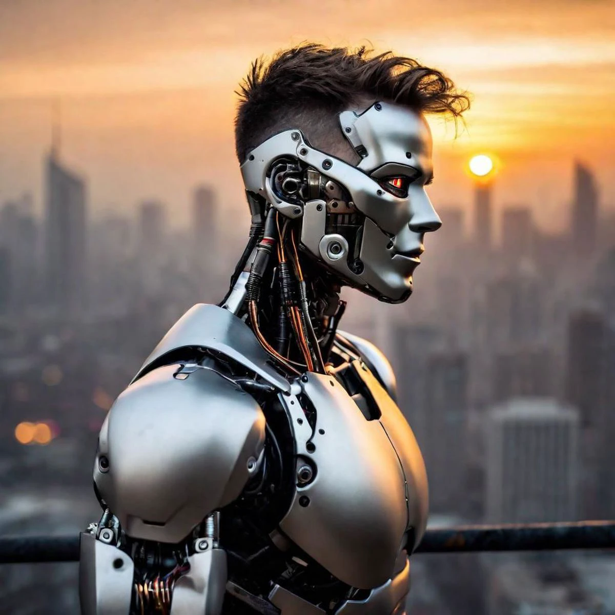 (1guy), robotic face, robot, ((fit, strong), Cyberpunk, city, skyline, ((architectural detail)), sunset, foggy, dystopian, (immaculate, high detail), photo realism, sony alpha 9 photo, epic, epic photo