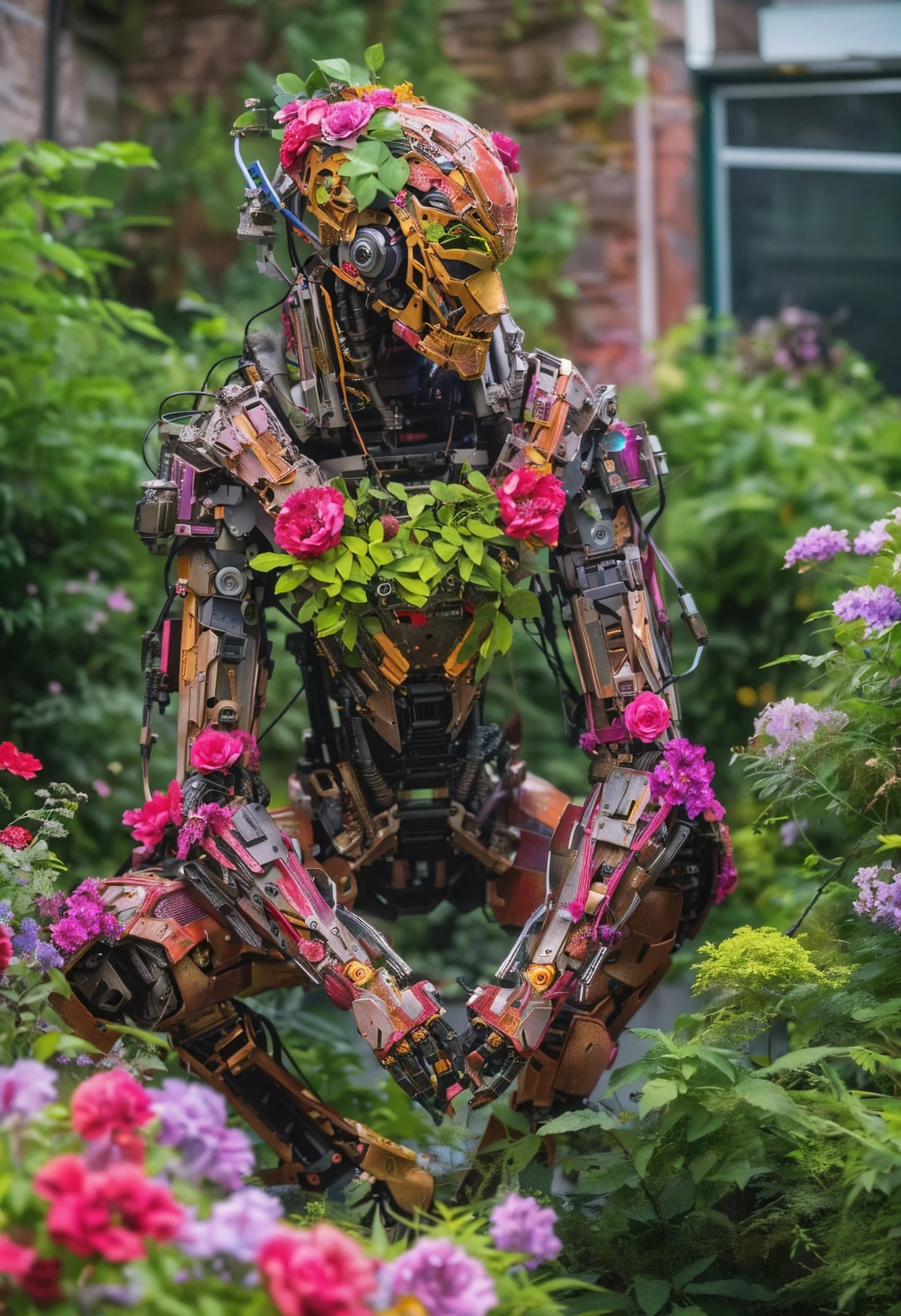 masterpiece, best quality, intricate details, full boody photo of a half finished mechanical humanoid robot surrounded by beautiful flowers, and branches, elegant composition with foreground ferns, portrait of the most beautiful form of chaos, elegant, a brutalist designed, rich deep vivid colours, romanticism, trending on artstation, thousands of flowers, with huge chest armor, power core in the center of the sternum, in the style of boston dynamics robot, intricate machineries, depth of field, film grain
