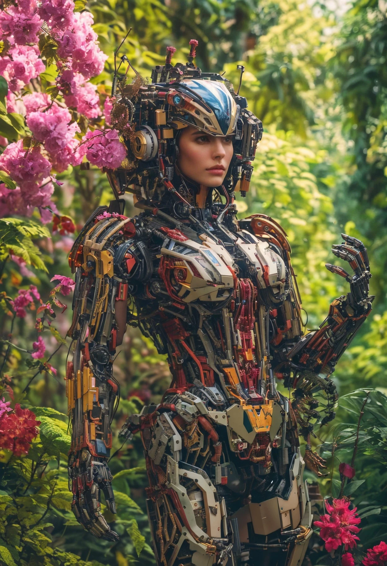 masterpiece, best quality, intricate details, full boody photo of a half finished mechanical humanoid robot surrounded by beautiful flowers, and branches, elegant composition with foreground ferns, portrait of the most beautiful form of chaos, elegant, a brutalist designed, rich deep vivid colours, romanticism, trending on artstation, thousands of flowers, with huge chest armor, power core in the center of the sternum, in the style of boston dynamics robot, intricate machineries, depth of field, film grain