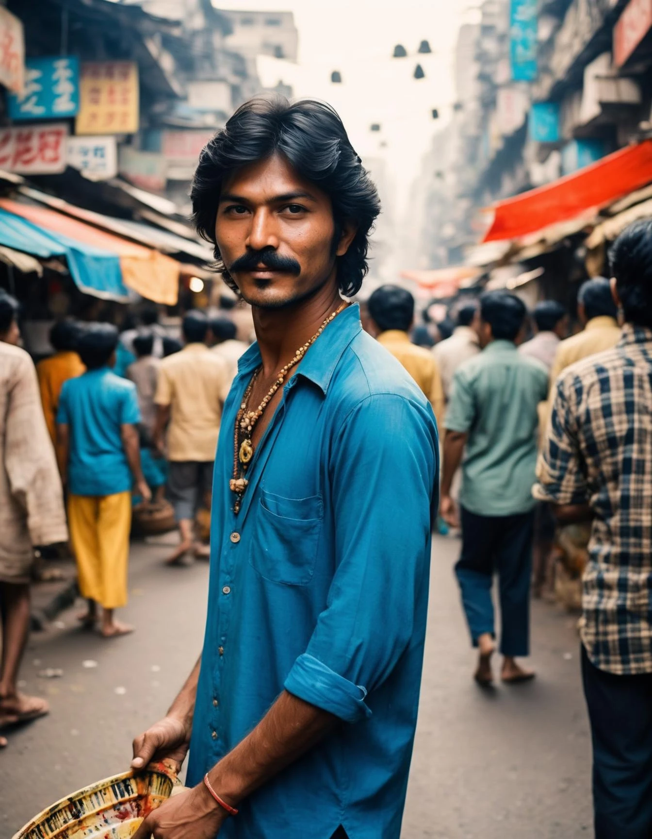 cinematic photo Immersed in the vibrant energy of a bustling marketplace in 70s Mumbai, ((man)) is captured in a lively watercolor painting. The flat, colorful patterns and prominent brush strokes are a hallmark of the artists Yoshitaka Amano and Takato Yamamoto. . 35mm photograph, film, bokeh, professional, 4k, highly detailed