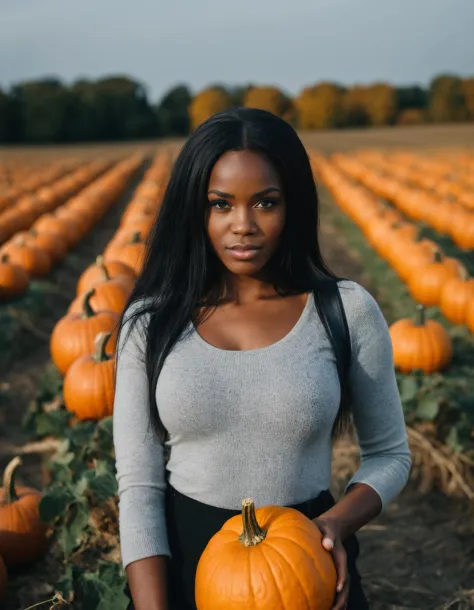 cinematic photo (art by Mathias Goeritz:0.9) , photograph, Lush dark black African Girlfriend, In a pumpkins field, Rich black h...