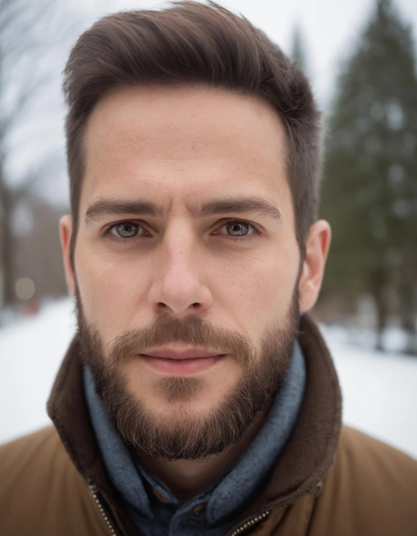 amateur cellphone flash photography (art by Mathias Goeritz:0.9) , photograph, handsome Over-the-hill man with Chinstrap Beard , Natural brown hair, winter , Morning , tilt shift, sharp focus, specular lighting, film grain, Samsung Galaxy, F/5, (cinematic still:1.2), symmetrical face . f8.0, samsung galaxy, noise, jpeg artefacts, poor lighting,  low light, underexposed, high contrast